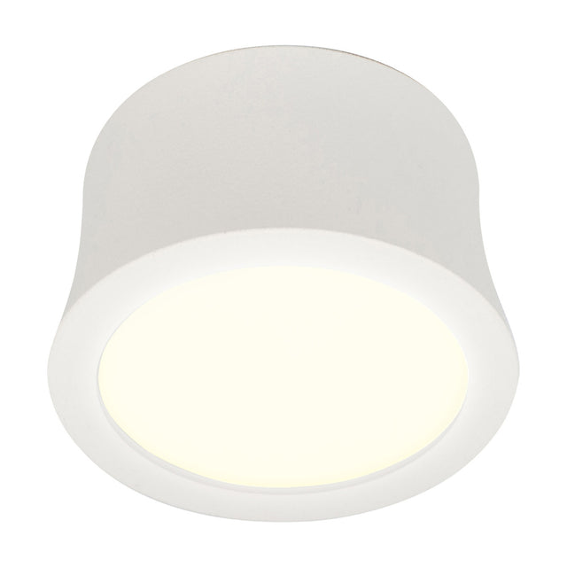 Gower Spotlight, a compact round surface ceiling light in sand white aluminium with an integrated 7W warm white LED, shown against a plain white background.