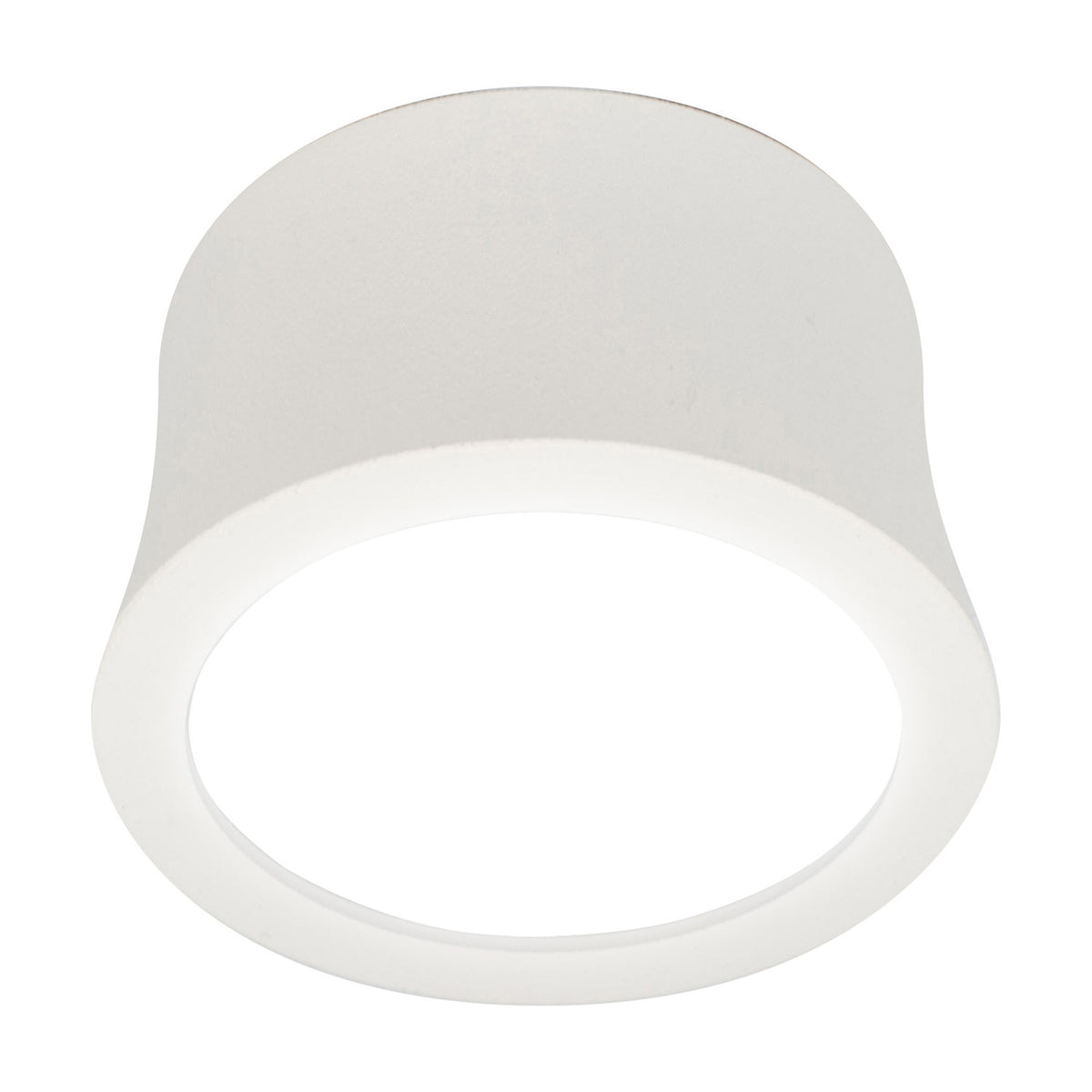 Gower Spotlight, a round 80mm surface-mounted LED downlight in sand white aluminium with a bell-shaped shade, shown at an angle against a plain white background.
