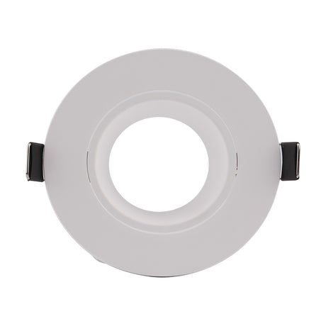 White round GU10 flush ceiling light with a 75mm cut-out, polycarbonate trim, spring clips, and central lamp aperture, shown on a plain white background.