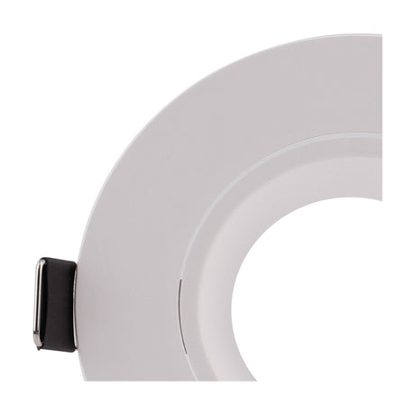 Close-up of a white round GU10 flush ceiling light with 75mm cut-out, showing the recessed trim edge and chrome lampholder clip, on a plain white background.
