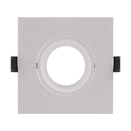 Square flush ceiling light in white with a brushed square trim, 75mm cut-out and 93mm face, GU10 fitting, shown against a plain white background.
