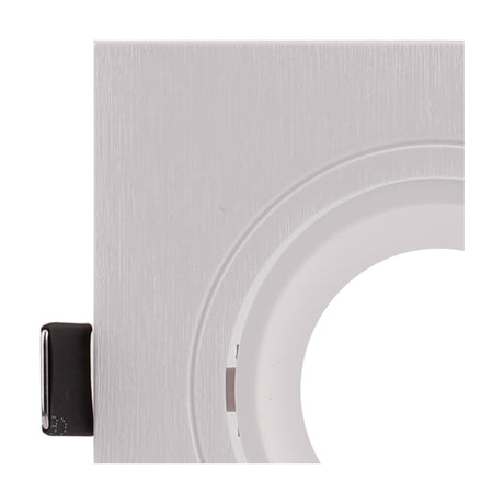 Close-up of a square white flush ceiling light, 93mm trim with 75mm cut-out, GU10 lampholder fitted, polycarbonate finish, shown against a plain background.