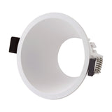 Lamborjini GU10 round spotlight in white polycarbonate, 93mm trim with funnel-shaped centre and visible spring clips and connector, shown on a plain white background.