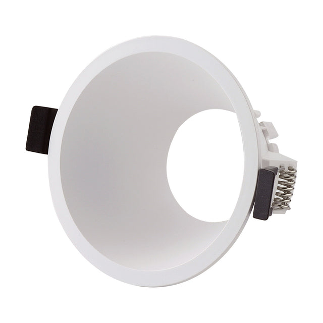 Lamborjini GU10 round spotlight in white polycarbonate, 93mm trim with funnel-shaped centre and visible spring clips and connector, shown on a plain white background.