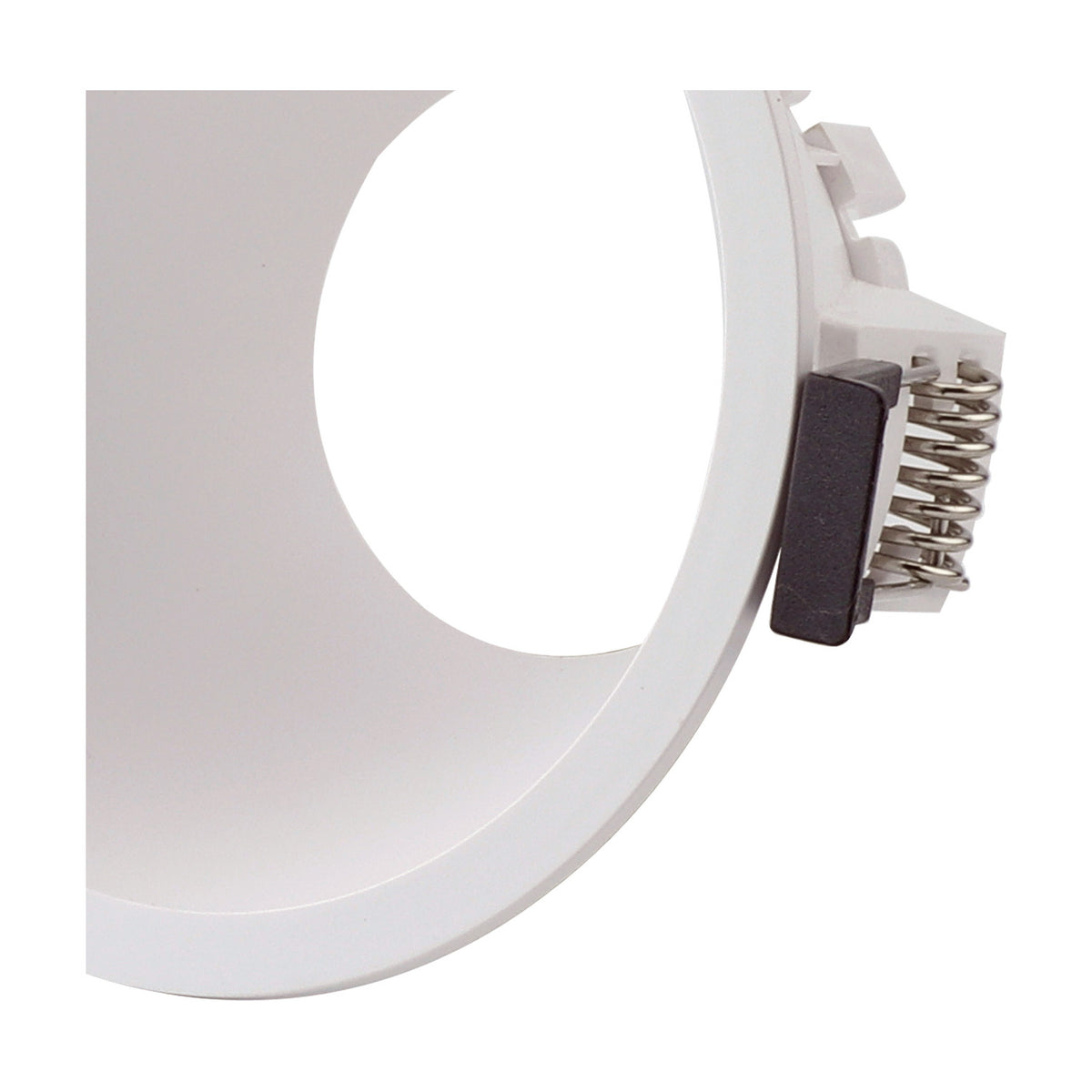 Close-up of the Lamborjini GU10 Round Spotlight in white polycarbonate, showing the 93mm trim, funnel-shaped centre, GU10 lampholder and spring clip fixings against a plain white background.