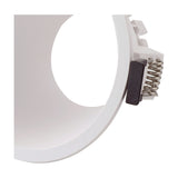 Close-up of the Lamborjini GU10 Round Spotlight in white polycarbonate, showing the 93mm trim, funnel-shaped centre, GU10 lampholder and spring clip fixings against a plain white background.