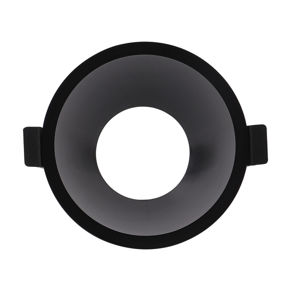 Lamborjini GU10 round spotlight in black, 93mm rim with a centred funnel-shaped inner profile and side mounting clips, shown on a plain white background.