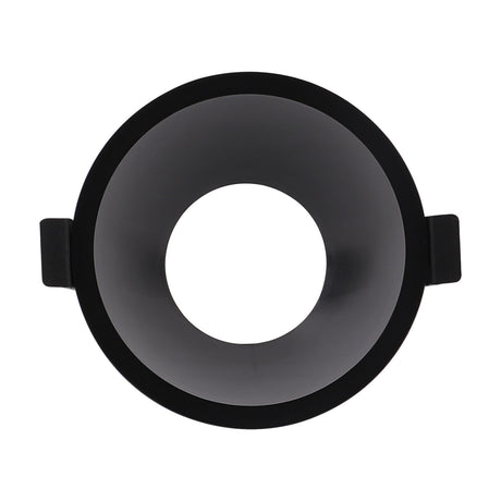 Lamborjini GU10 round spotlight in black, 93mm rim with a centred funnel-shaped inner profile and side mounting clips, shown on a plain white background.