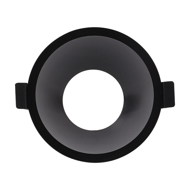 Lamborjini GU10 round spotlight in black, 93mm rim with a centred funnel-shaped inner profile and side mounting clips, shown on a plain white background.