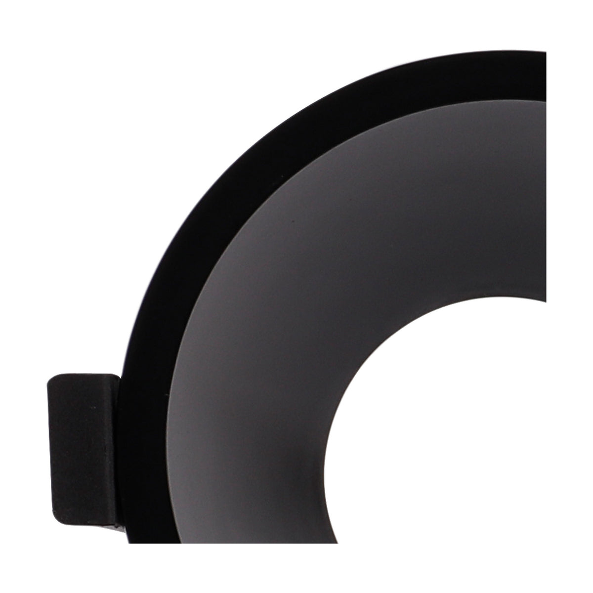 Close-up of the Lamborjini GU10 Round Spotlight 93mm in black, showing its recessed funnel-shaped inner profile, polycarbonate finish, and mounting clip against a plain white background.