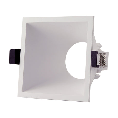 Lamborjini GU10 Square Spotlight 93mm in white polycarbonate, shown at an angle with recessed funnel centre and spring clip fittings visible, on a plain white background.