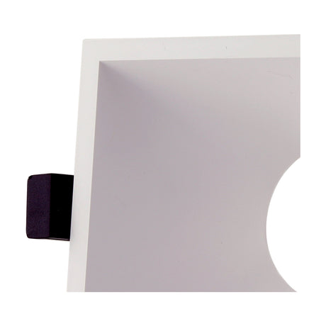 Close-up of the Lamborjini GU10 Square Spotlight, 93mm white polycarbonate square downlight with recessed funnel centre and black mounting clip, shown against a plain background.