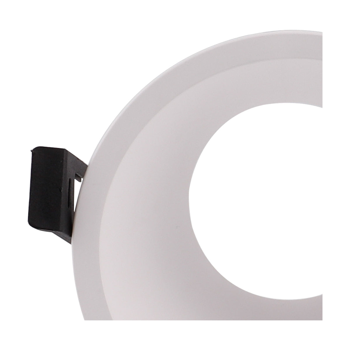 Close-up of the Lamborjini Round Spotlight 93mm 45 Degree in white, showing the recessed funnel interior and GU10 lampholder with black clip fitting, on a plain white background.