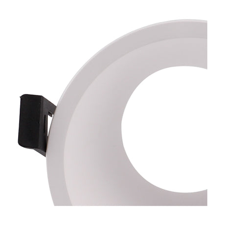 Close-up of the Lamborjini Round Spotlight 93mm 45 Degree in white, showing the recessed funnel interior and GU10 lampholder with black clip fitting, on a plain white background.