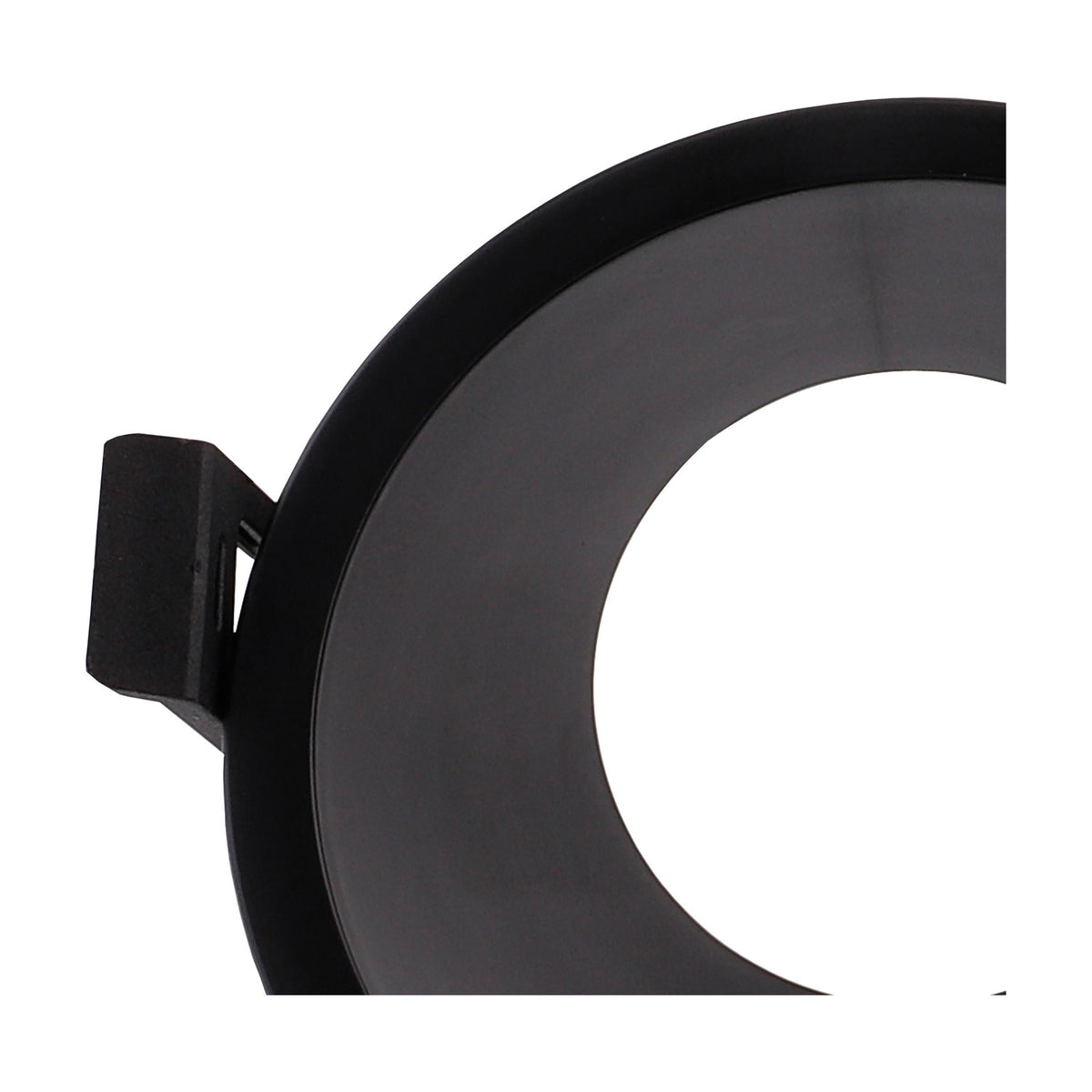 Close-up of the Lamborjini Round Spotlight 93mm 45 Degree in black, showing the recessed funnel-shaped interior tilted at an angle with a GU10 bulb clip, set against a plain white background.