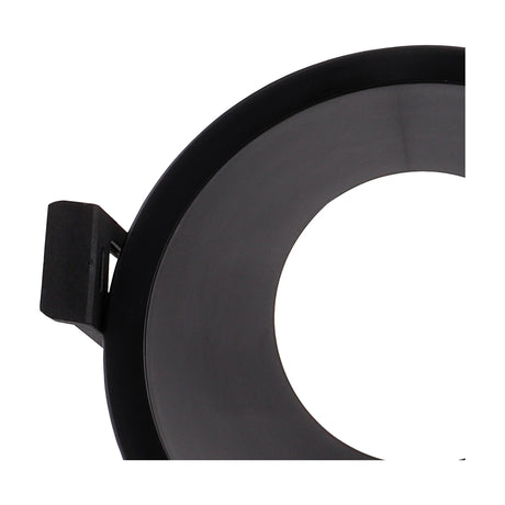 Close-up of the Lamborjini Round Spotlight 93mm 45 Degree in black, showing the recessed funnel-shaped interior tilted at an angle with a GU10 bulb clip, set against a plain white background.