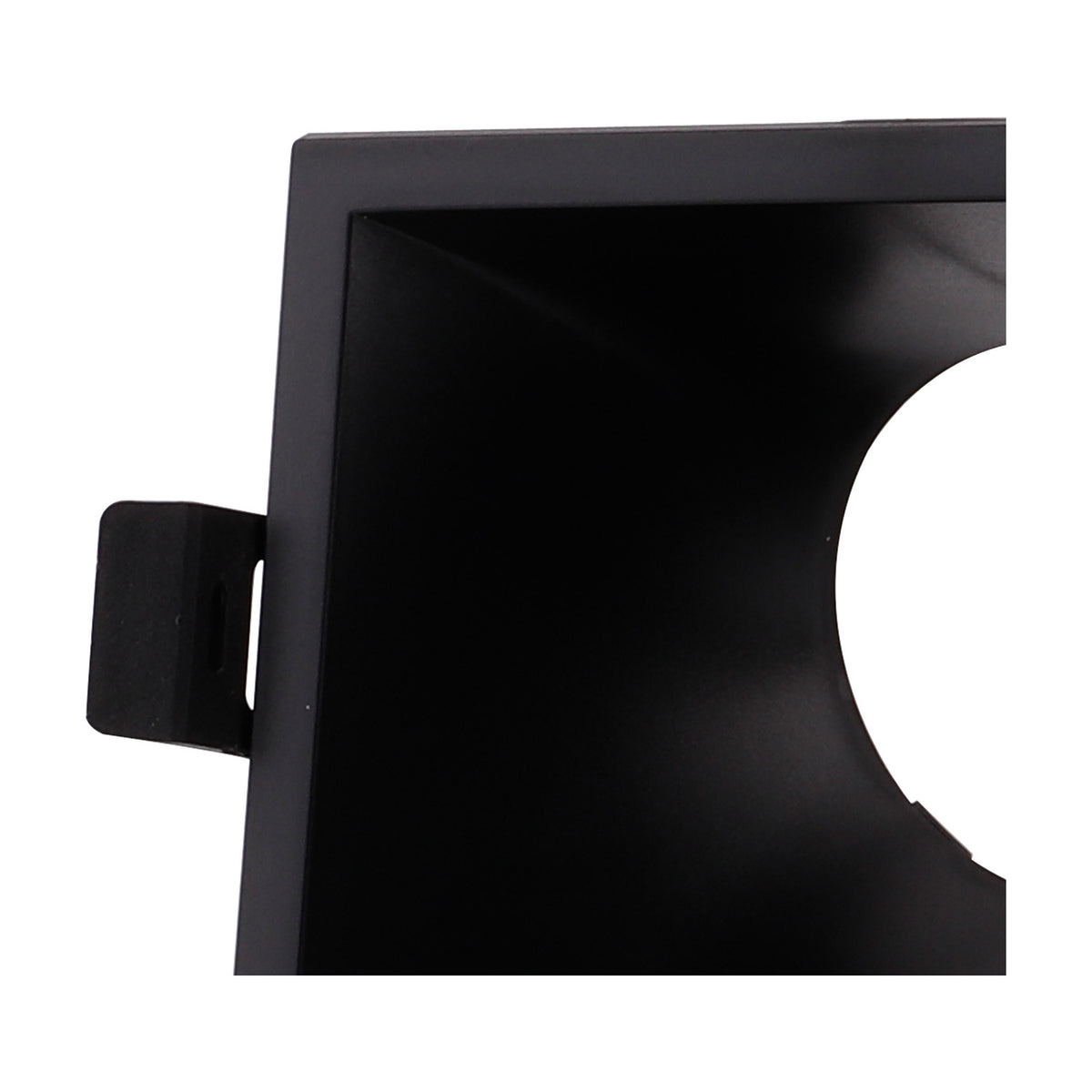 Close-up of the Lamborjini Square Spotlight 93mm 45 Degree in black, showing the angled funnel interior, GU10 lampholder, and side mounting clip on a plain background.