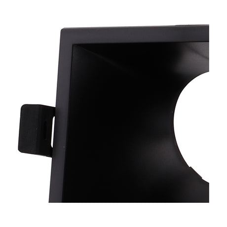 Close-up of the Lamborjini Square Spotlight 93mm 45 Degree in black, showing the angled funnel interior, GU10 lampholder, and side mounting clip on a plain background.