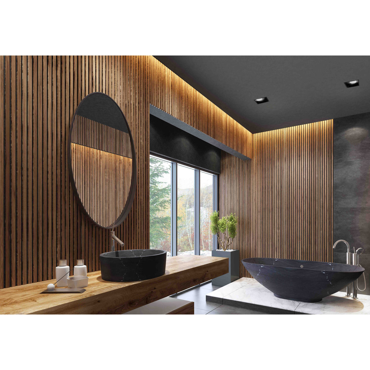 Recessed square spotlight in matte black, 93mm face with 45-degree angled funnel, shown in a wood-panelled bathroom ceiling with GU10 fitting visible.