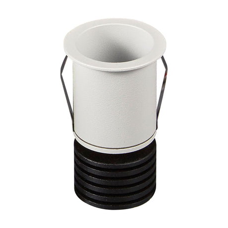 Guincho 3W recessed spotlight with round white aluminium trim, cylindrical body, black ribbed heat sink, and spring clip fittings, shown on a plain white background.