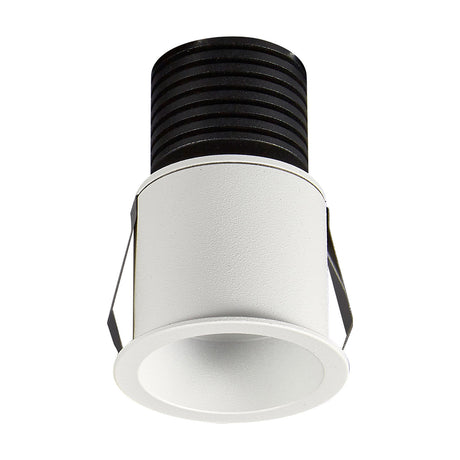 Guincho 5W recessed spotlight in sand white aluminium, round bezel with black ribbed heat sink housing, 50mm cut-out, shown on a plain white background.