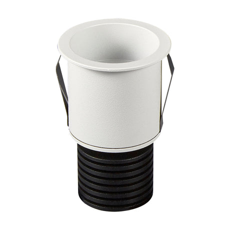 Guincho recessed spotlight with round white bezel, aluminium cylindrical housing, and black spring clip fittings, shown on a plain white background.