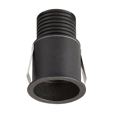 Guincho 5W Spotlight in sand black, a cylindrical recessed fixture with ribbed heat sink, round trim, and metal mounting clips, shown on a white background.