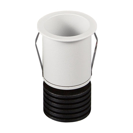 Guincho 3W recessed spotlight in sand white aluminium, cylindrical body with round trim, spring clips, and ridged black driver housing, shown against a plain white background.