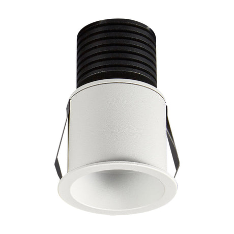 Guincho 5W recessed spotlight with sand white cylindrical housing, black ridged heat sink, and spring clips, shown on a plain white background.