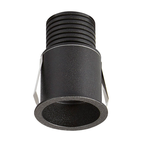 Guincho 5W recessed spotlight in sand black aluminium, cylindrical body with ribbed heatsink, round bezel and spring clips, shown against a plain white background.
