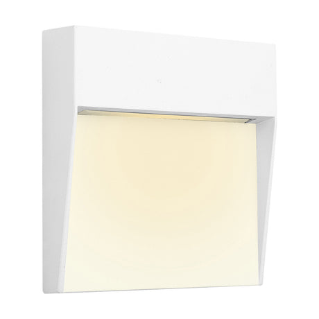 Baker square outdoor wall light in sand white, 10.5cm aluminium fixture with angled polycarbonate diffuser panel glowing warm white, shown on a plain white background.