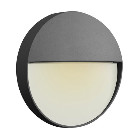 Baker 3W IP54 Round Outdoor Wall Light, 11cm anthracite disc with frosted lower half diffusing warm white LED glow, shown on a plain white background.