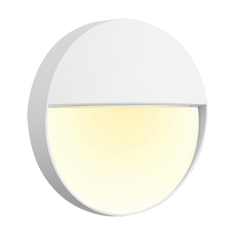 Baker 3W IP54 round outdoor wall light in sand white, 11cm disc design with a covered upper half and glowing lower dome emitting warm white LED light, shown on a plain white background.