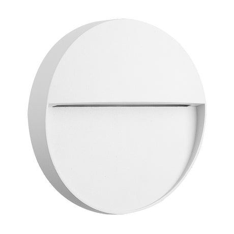 Baker 3W IP54 round outdoor wall light in sand white, 11cm aluminium disc with a horizontal light slit, shown on a plain white background.