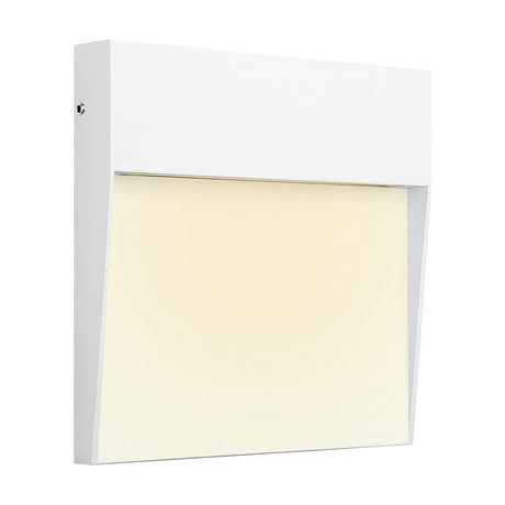 Baker square outdoor wall light in sand white, 16cm aluminium and polycarbonate panel with warm white LED glow, IP54 rated, shown at an angle on a plain background.