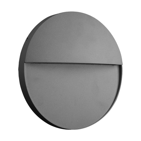 Baker 6W IP54 Round Outdoor Wall Light 16cm in anthracite, a circular aluminium fixture with a shaded lower panel and textured finish, shown on a plain white background.