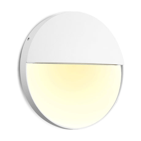 Baker 6W IP54 round outdoor wall light, 16cm sand white aluminium disc with half-shielded face and warm white LED glow, shown on a plain white background.