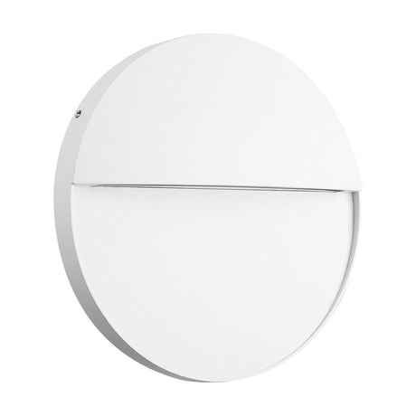 Baker 6W IP54 round outdoor wall light, 16cm sand white disc with slim horizontal light strip and mounting screw, shown at an angle on a plain white background.
