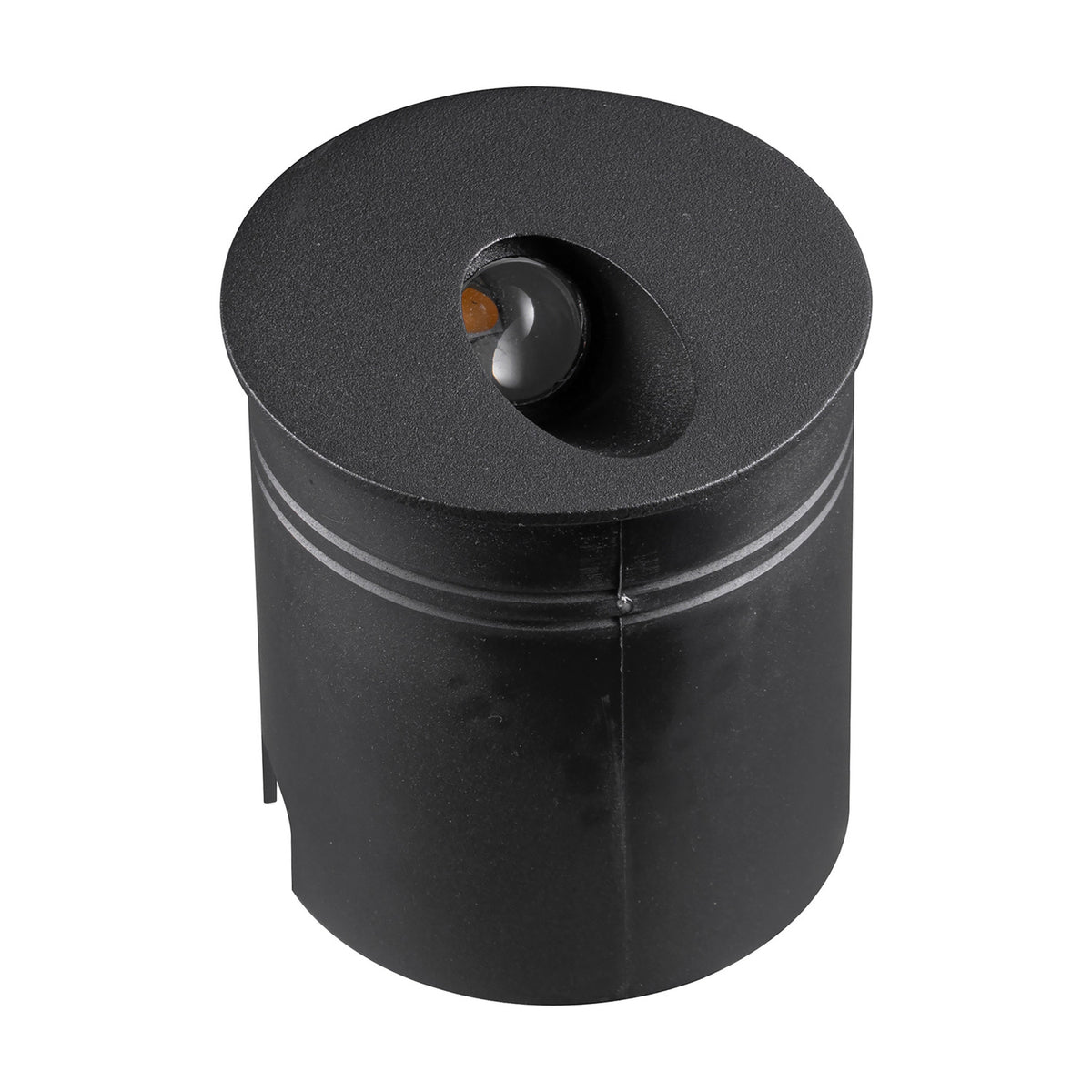 Aspen IP65 round recessed outdoor wall light in sand black aluminium, cylindrical body with angled amber-tinted LED lens on top, shown on a plain white background.