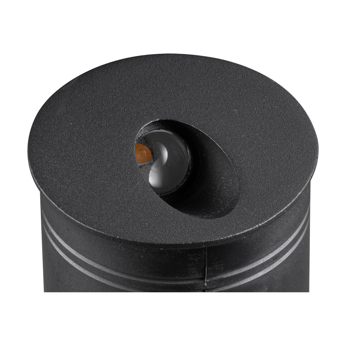 Close-up of the Aspen IP65 round recessed outdoor wall light in sand black, showing its angled aluminium face with integrated LED against a white background.