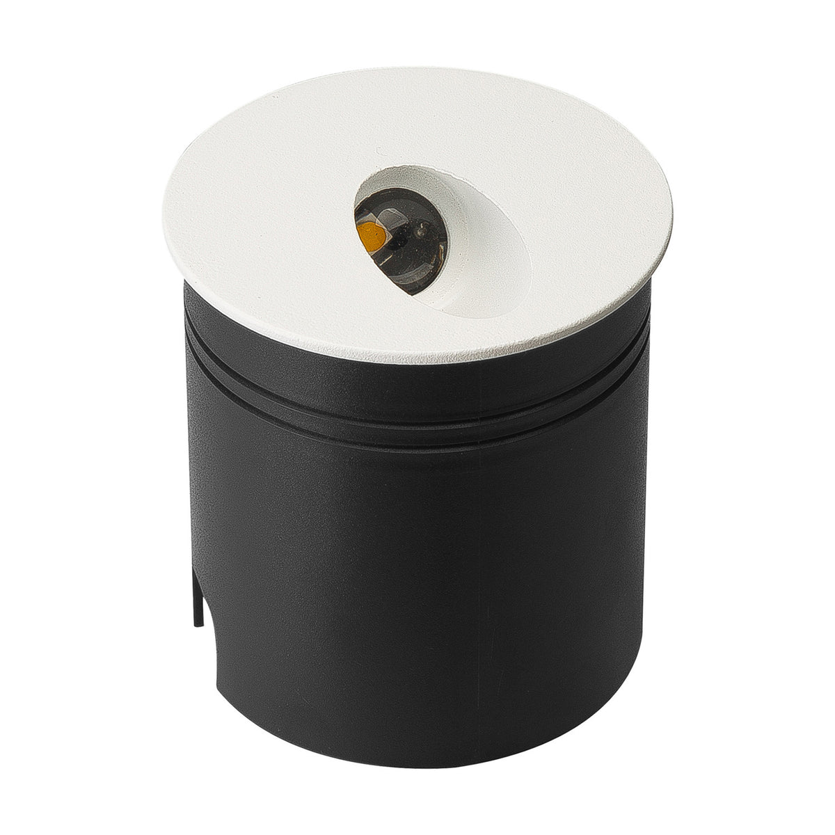 Aspen IP65 round recessed outdoor wall light in matt sand white, cylindrical black body with a round white face plate and angled LED aperture, shown on a plain white background.
