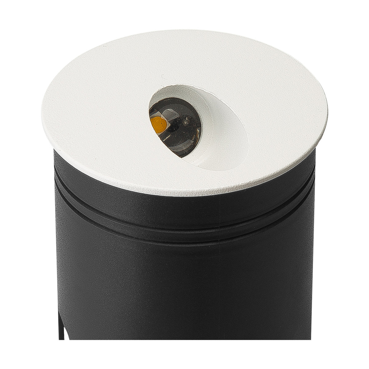 Aspen IP65 round recessed outdoor wall light with angled aperture in matt sand white, mounted on a black cylindrical post, integrated LED visible, 3000K warm white.