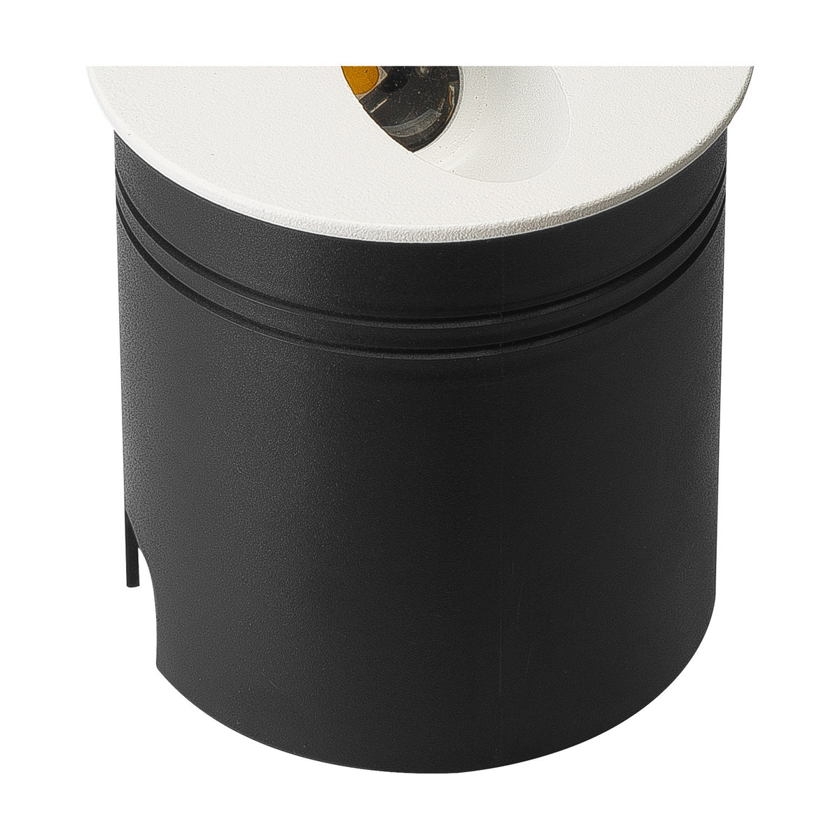 Aspen IP65 round recessed outdoor wall light in matt sand white, showing the angled LED aperture and black cylindrical body with mounting bracket, 3000K.