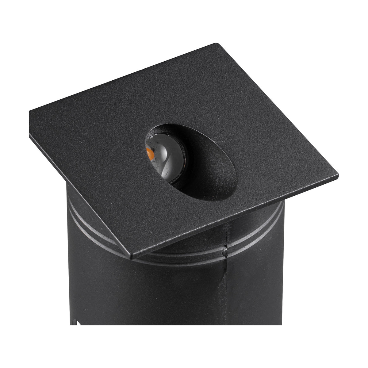 Aspen IP65 outdoor wall light in sand black, close-up of the square top plate with angled recessed LED aperture, mounted on a cylindrical post against a white background.