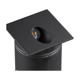 Aspen IP65 outdoor wall light in sand black, close-up of the square top plate with angled recessed LED aperture, mounted on a cylindrical post against a white background.