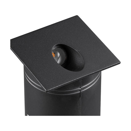Aspen IP65 outdoor wall light in sand black, close-up of the square top plate with angled recessed LED aperture, mounted on a cylindrical post against a white background.