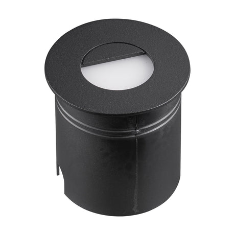 Aspen IP65 Eyelid Recessed Outdoor Wall Light in sand black, round cylindrical body with hooded eyelid aperture and integrated LED diffuser, shown on a plain white background.