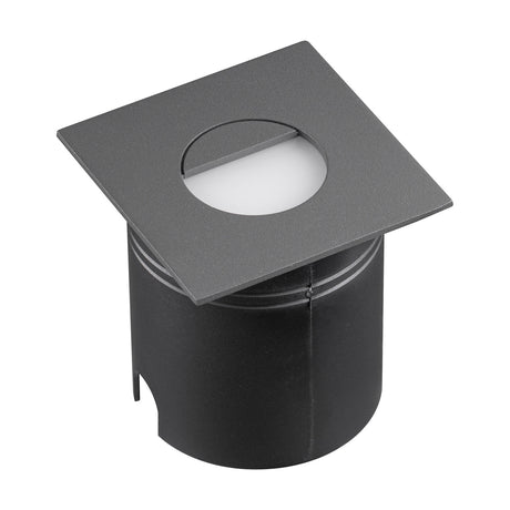 Aspen IP65 outdoor wall light with a square anthracite face and round eyelid shield over a warm white LED, cylindrical recessed body, shown on a white background.