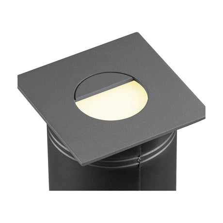 Aspen IP65 outdoor wall light, square anthracite face with recessed round eyelid shield casting warm white LED downlight, shown mounted on a black cylindrical post.