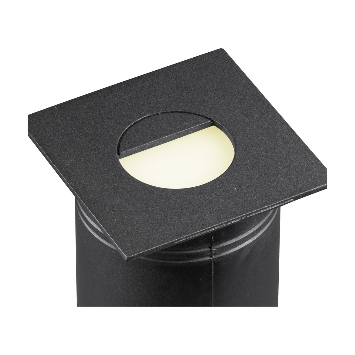 Aspen IP65 outdoor wall light in sand black, square aluminium face with hooded eyelid front over a cylindrical mount, warm white LED, shown on plain white background.